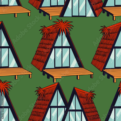 Seamless pattern of whimsical A-frame houses with thatched roofs and wooden decks on a vibrant green background, evoking tropical vacation vibes.