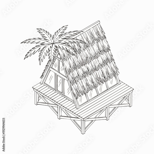 Isometric line art drawing of a tropical thatched hut on a wooden platform with a palm tree, ideal for beach resort, travel, and vacation designs.