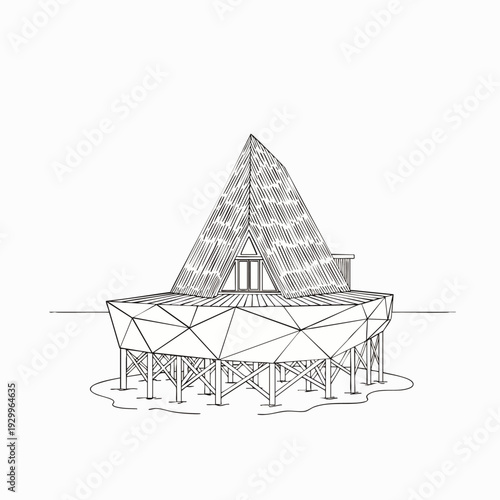 Minimalist line art illustration of a futuristic stilt house with a striking triangular roof, showcasing modern sustainable architecture and innovative design on water.