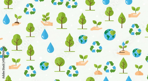 Eco friendly icons of trees earth recycling symbols and water drops on white background