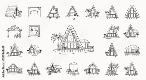 Hand-drawn A-frame houses and tropical bungalows vector collection. Line art illustrations of resort architecture, vacation homes, beach huts, and holiday structures.