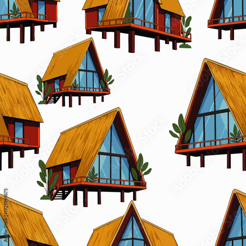 Tropical A-frame stilt houses seamless pattern. Modern resort bungalows with thatched roofs and large windows, ideal for vacation backgrounds.