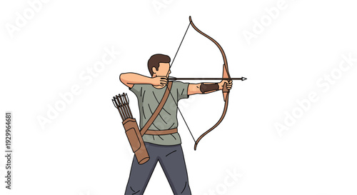 A man with brown hair wearing a green shirt and dark pants aims a wooden bow and arrow against a white background.