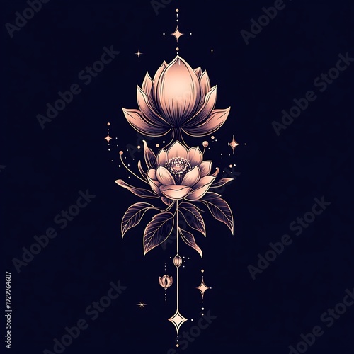 Two stylized,  rose-gold lotus flowers,  vertical  design,  dark background,  delicate lines,  sparkling details