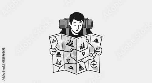 Young man with backpack intently studying a detailed travel map.