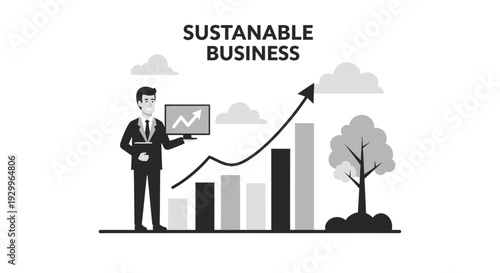 Businessman presenting sustainable business growth with a rising graph and tree.