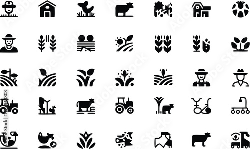 Comprehensive collection of 32 solid black agriculture icons featuring farmers, livestock, tractors, crops, and rural farming equipment.