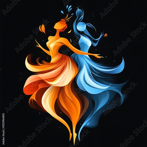 Two stylized, abstract figures, one orange/red, the other blue/ice, dancing in mid-air