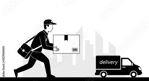 Delivery person carrying a package with a delivery truck.