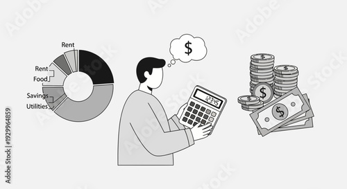 Man calculating finances with calculator pie chart and money.
