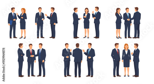 Multiple groups of business professionals in dark blue suits are shown shaking hands and talking on a white background.