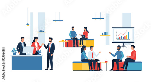 Diverse professionals work in a modern office with people meeting at desks and viewing a chart on a white background.