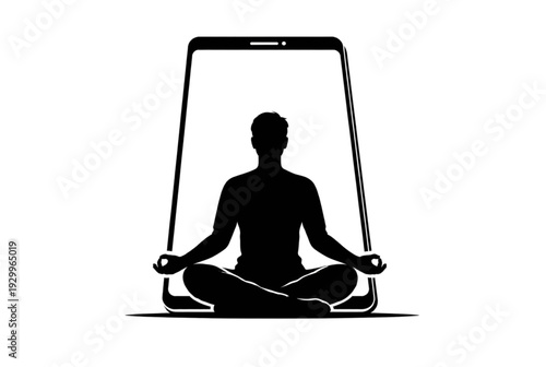 Vector illustration of a person meditating inside a smartphone