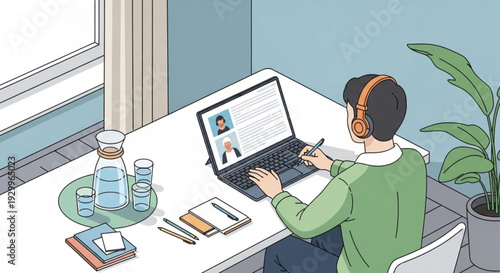 Remote worker with laptop and headphones at home desk with plant