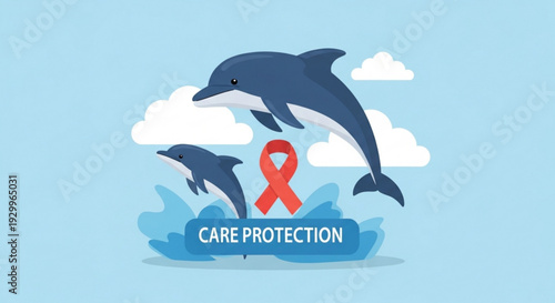 Dolphins jumping with red awareness ribbon for care and protection