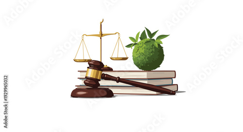 A dark wooden gavel with a gold band lies across its sound block in front of three stacked books supporting a golden balance scale.