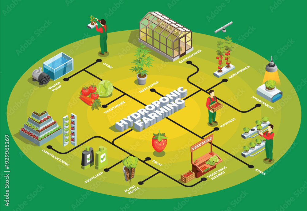 Fototapeta premium Isometric infographic of a hydroponic farming system showing a greenhouse, vertical planting, water management, and automated agricultural monitoring.