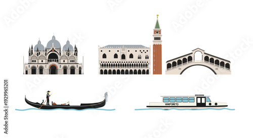 Five iconic landmarks and transport vessels from Venice Italy including the Rialto Bridge and a gondola are shown as isolated vector illustrations on a white background.