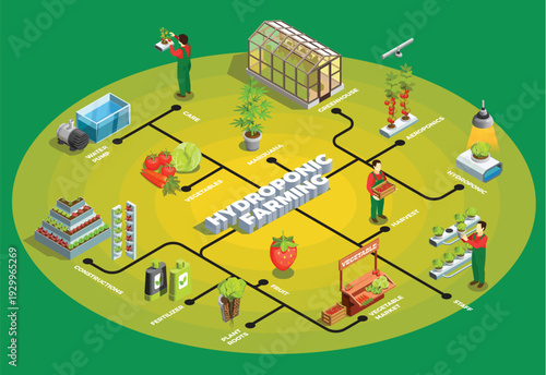 Isometric infographic of a hydroponic farming system showing a greenhouse, vertical planting, water management, and automated agricultural monitoring.