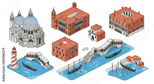An isometric set of Venetian architectural elements featuring a domed church red brick buildings stone bridges and black gondolas floating on blue water patches.