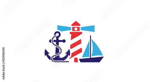 Dynamic illustration featuring iconic nautical symbols like a guiding lighthouse, a strong anchor, and a elegant sailboat, embodying the spirit of maritime travel and sea adventure