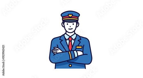 Confident male attendant in a blue uniform and cap, portraying a trustworthy and helpful service professional with excellent customer focus