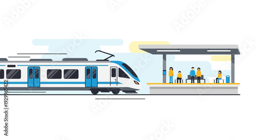 Modern train arriving at a busy station platform, illustrating efficient public transportation and the ease of train travel for commuters and passengers. Flat vector design