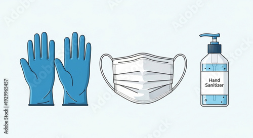 Protective gear for health safety blue gloves face mask hand sanitizer