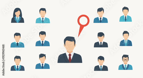 Organizational Hierarchy and Team Structure Illustrated with Icons and Location Marker