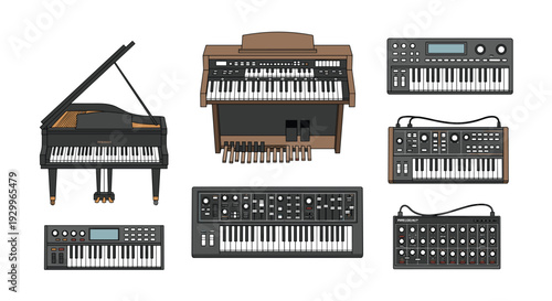 Diverse collection of musical keyboard instruments including a grand piano a wooden organ and several electronic synthesizers arranged in a grid on white.