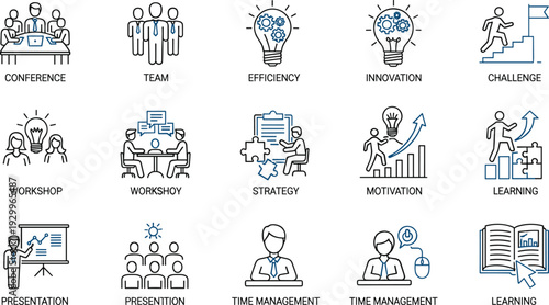 Vector line icons for professional efficiency innovation strategy workplace training conference collaboration and time management skills
