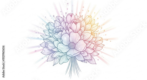 Vibrant bouquet flowers in pastel rainbow colors with radiant lines and dots on white background