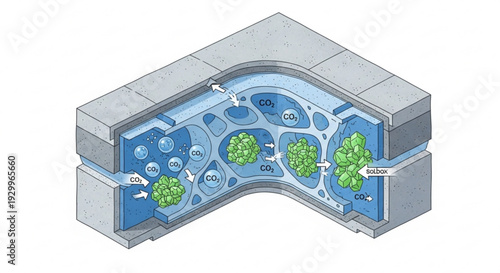 Cross section illustration of a green roof with plants and water drainage system