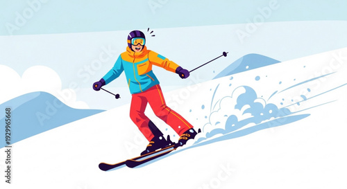 Skier in colorful gear skiing down snowy mountain slope with speed and excitement