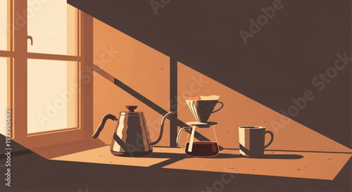 Coffee brewing setup on a table by a sunny window with a kettle pour over coffee maker and cup on a warm brown background
