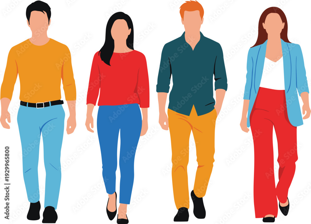 Obraz premium A group of diverse young men and women walking together, modern casual fashion, teamwork, friendship and business casual style, vector illustration