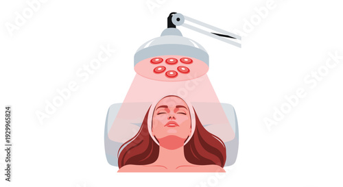 A close up view of a woman receiving a facial red light therapy treatment with her eyes closed under a glowing circular lamp.