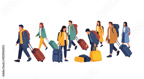 A group of travelers wearing coats and carrying various types of luggage walk across a white space in a flat illustration style.