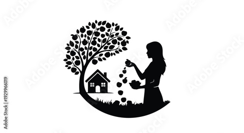 woman planting tree next to house eco friendly home silhouette