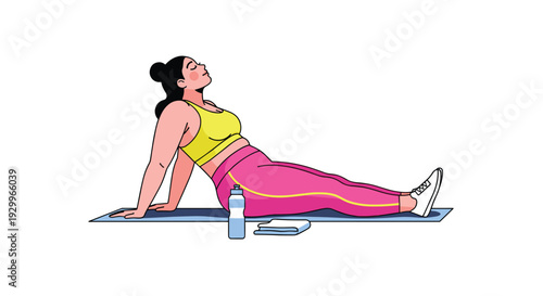 A woman with black hair in a bun performs a seated back stretch on a blue yoga mat with a water bottle on a white background.