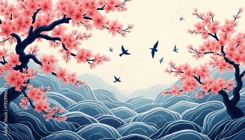 Branches of pink cherry blossoms frame a stylized blue landscape. Birds fly across a pale sky. This serene scene evokes traditional Japanese art and natural beauty.