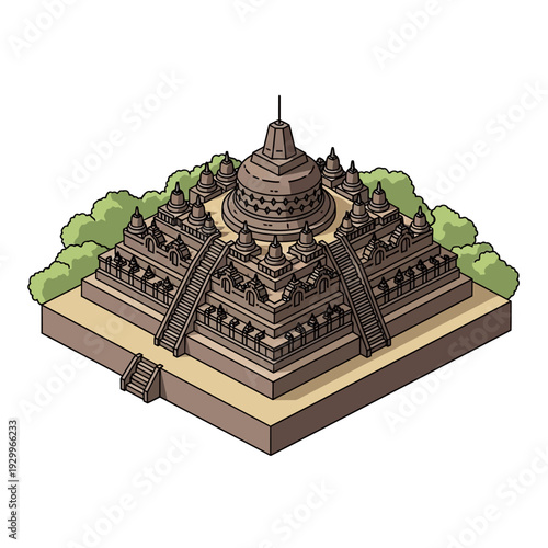 Isometric illustration of a temple with multiple tiers and a central stupa.