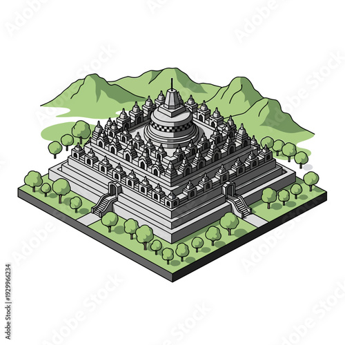 Borobudur Temple Isometric Illustration with Mountains Background.
