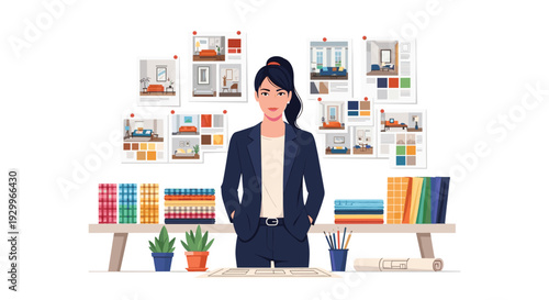 A female interior designer in a navy blazer stands behind a work table covered with fabric samples and architectural plans in a bright studio.