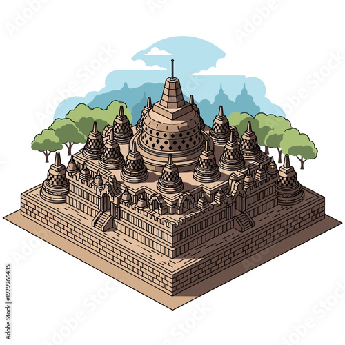 Isometric illustration of Borobudur temple with trees and mountains.