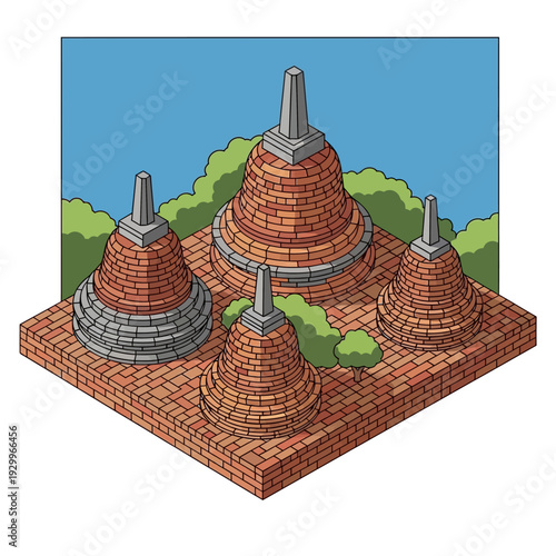 Isometric illustration of ancient temple stupas on a brick platform.