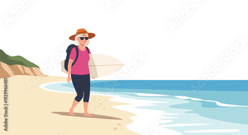 An elderly woman wearing a sun hat and sunglasses walks along a sandy beach shoreline while carrying a white surfboard and a black backpack.