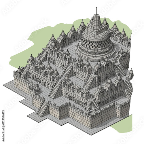 Isometric illustration of a medieval castle with a central dome and multiple towers.