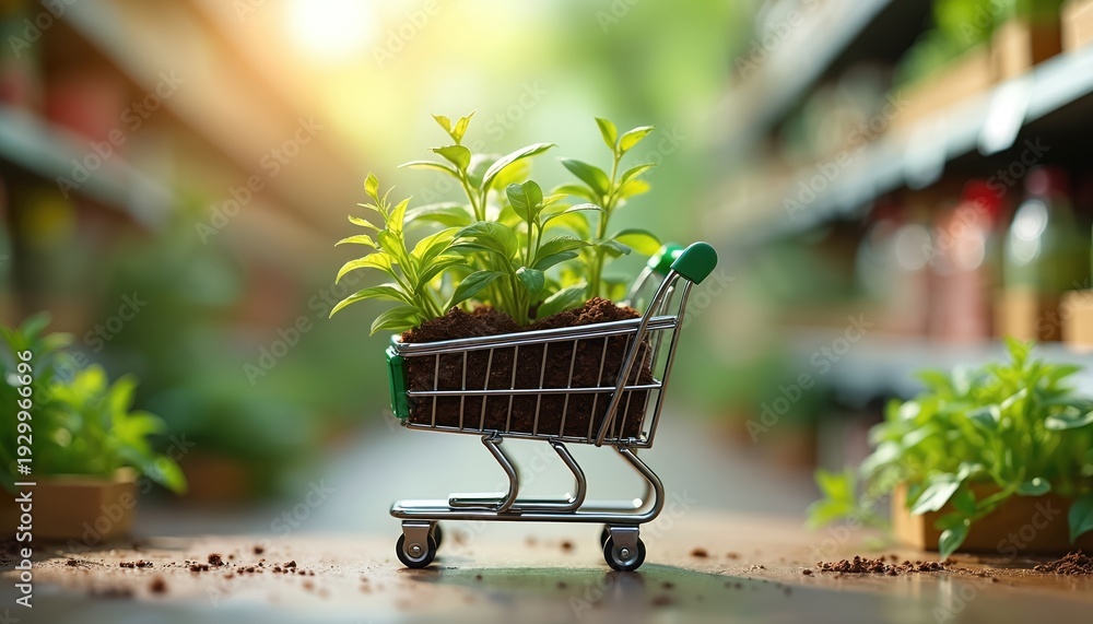 Obraz premium Mini shopping cart holds green plant sprouts in soil. Represents eco friendly shopping and sustainable consumption. Concept of green living and responsible purchasing choices.