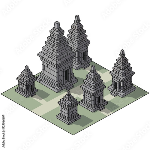 Isometric 3D illustration of ancient temple complex with multiple structures.